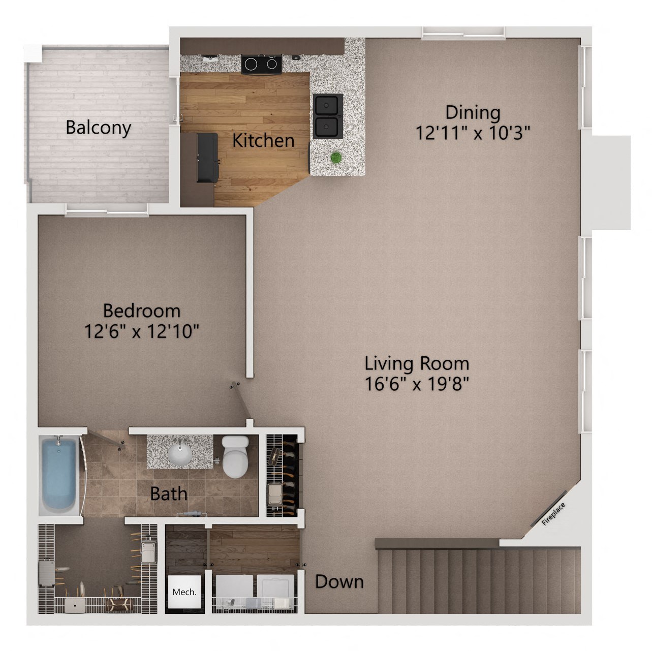 a floor plan of a one bedroom apartment with a bathroom and a living room with a kitchen